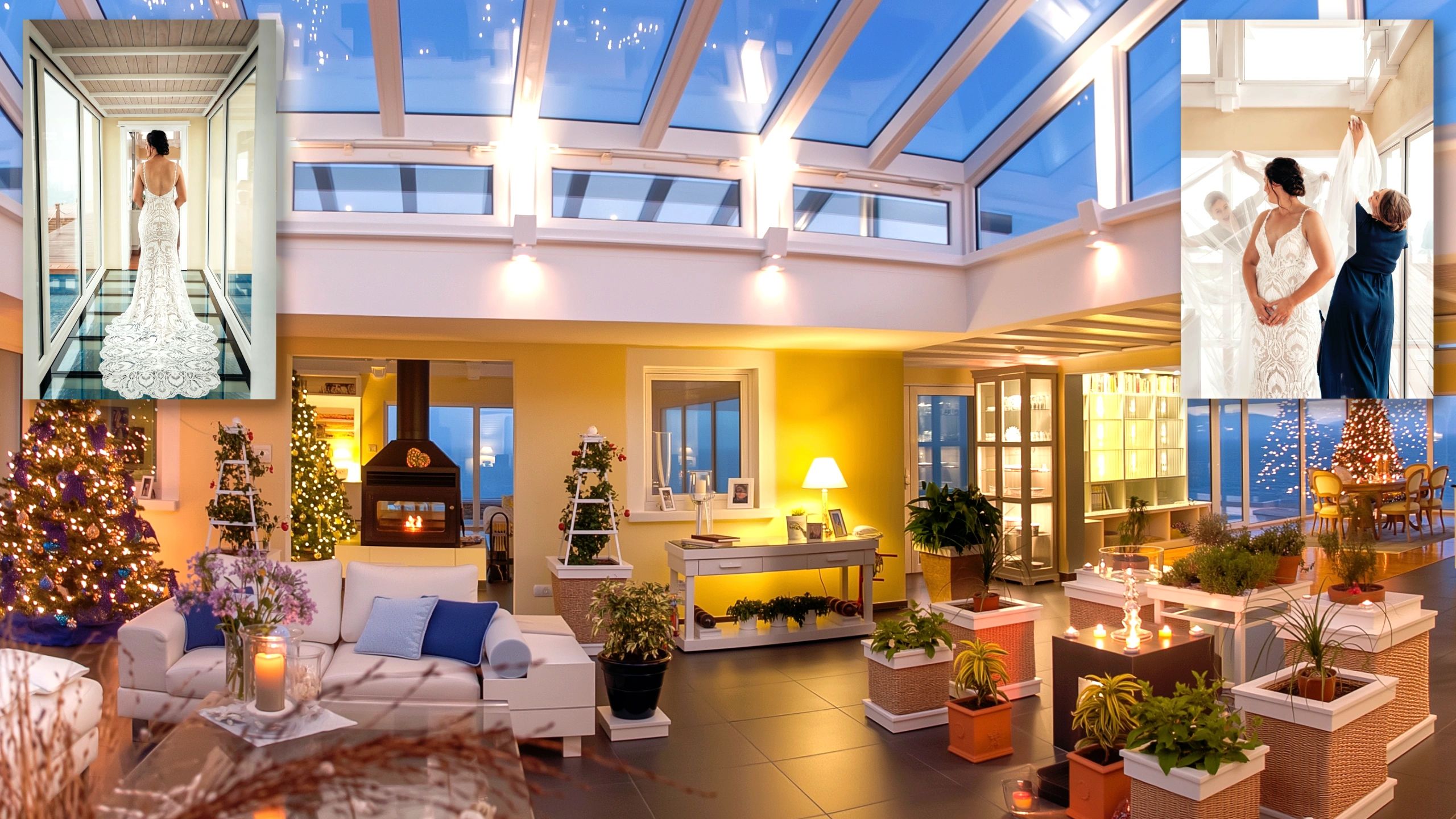 Atrium used as family wedding venue space in big house for sale in New Zealand, collage with festive decor and bridal photos.