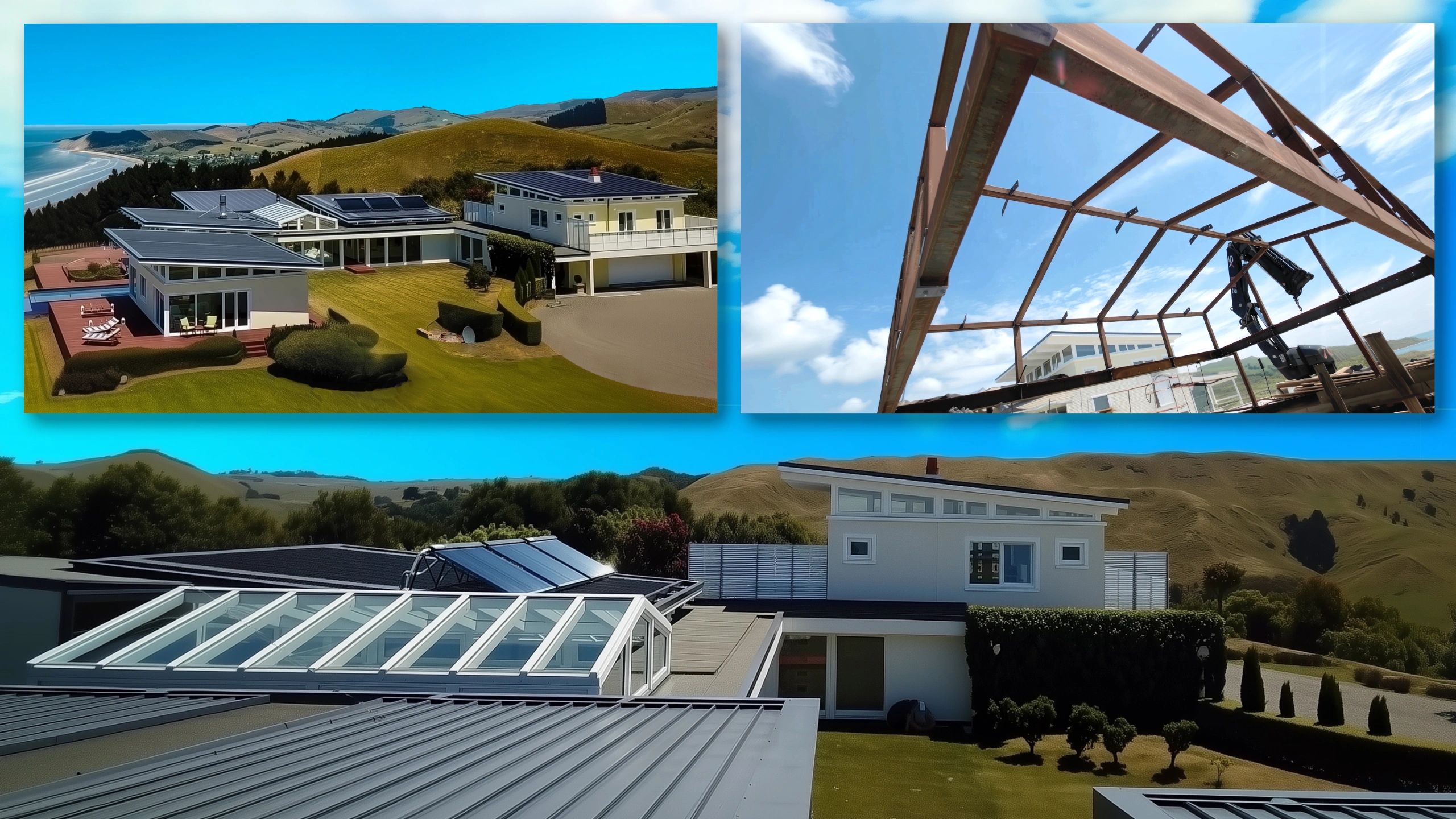 Atrium design collage showing exterior glass roof, steel frame construction, and roof access in luxury modern homes.