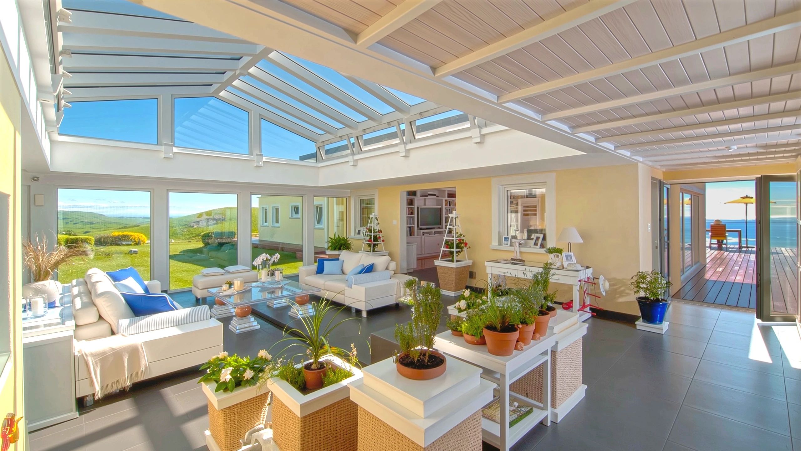 Indoor outdoor living space showing Atrium opening onto deck area with lawn and coastal views in open concept home.