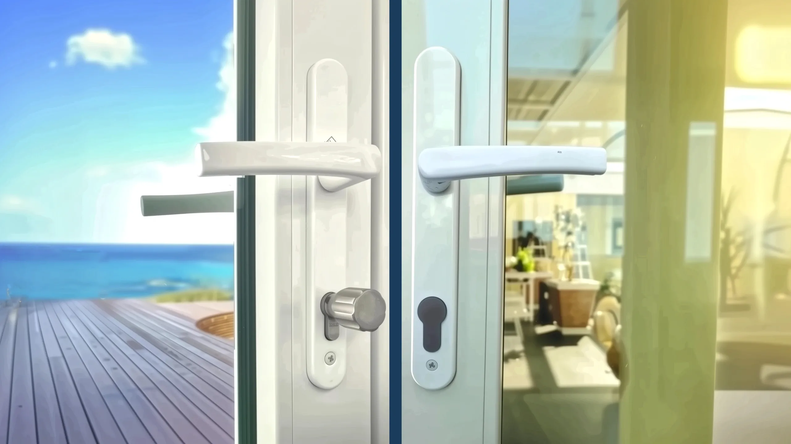 Close-up of modern white keyless door handles and lock mechanisms on exterior doors.