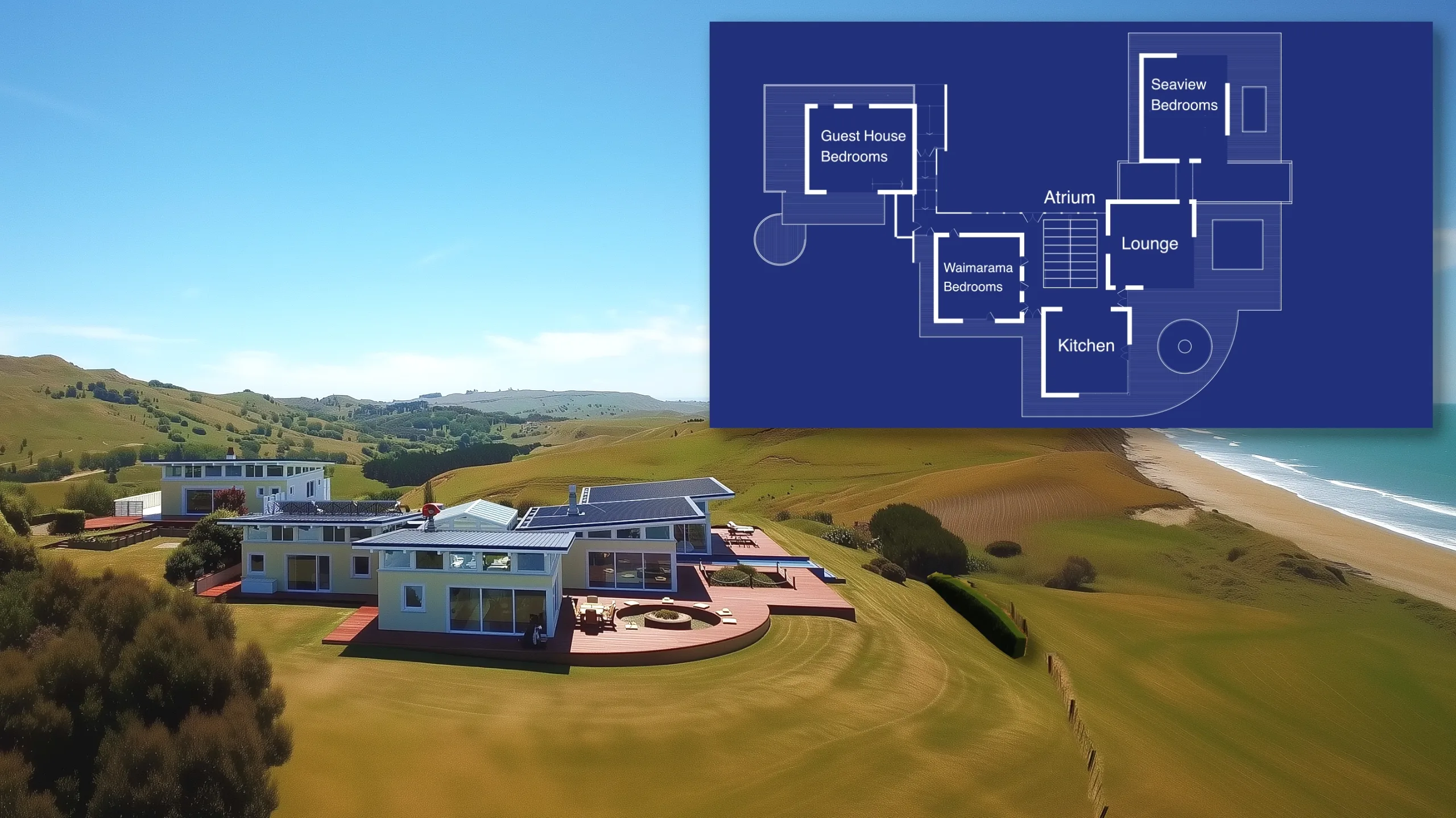 Luxury home for sale with ocean views perched on private hillside above Waimarama Beach, New Zealand.