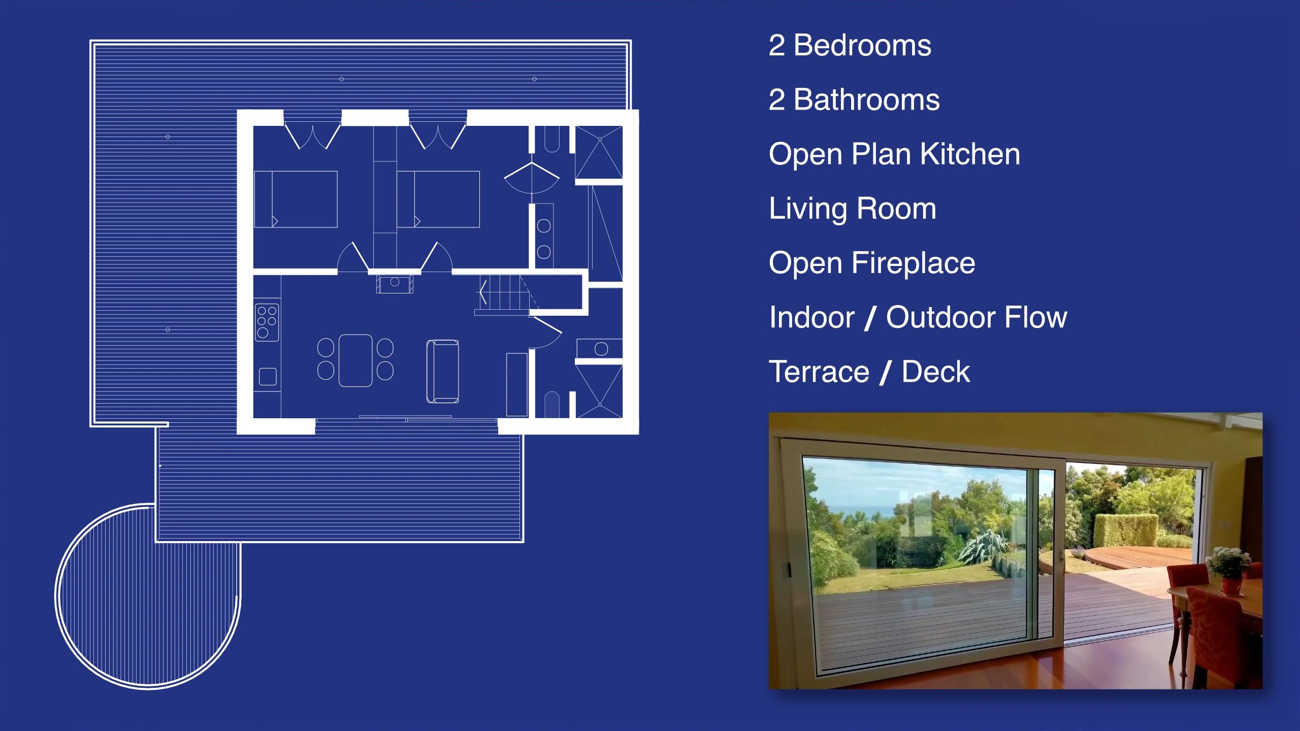 Detailed floor plan of 2-bedroom granny flat / guest house with features list and view through large sliding door.
