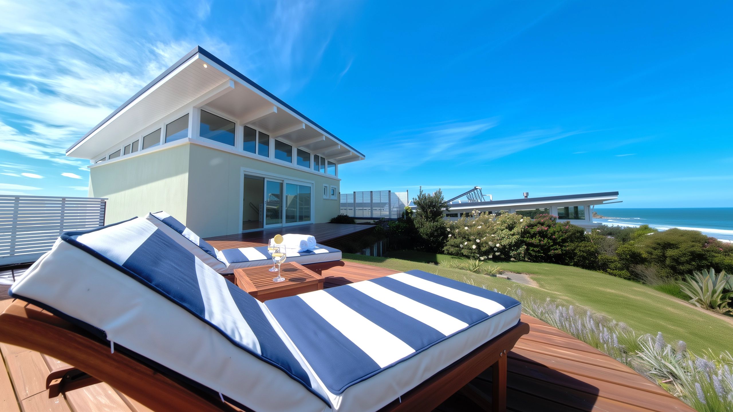 Deck area of detached guest house with loungers overlooking ocean view and main house rooflines.