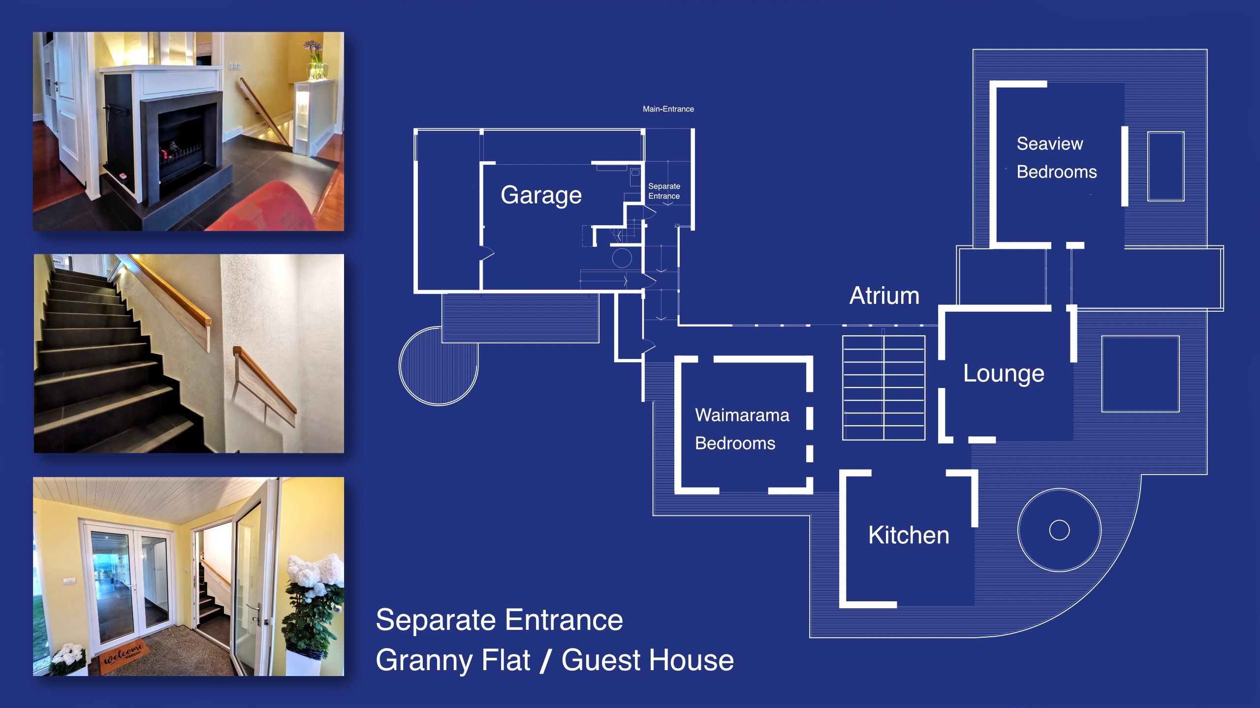 Collage showing separate entrance staircase to guest house, main entrance, and overall property floor plan context.