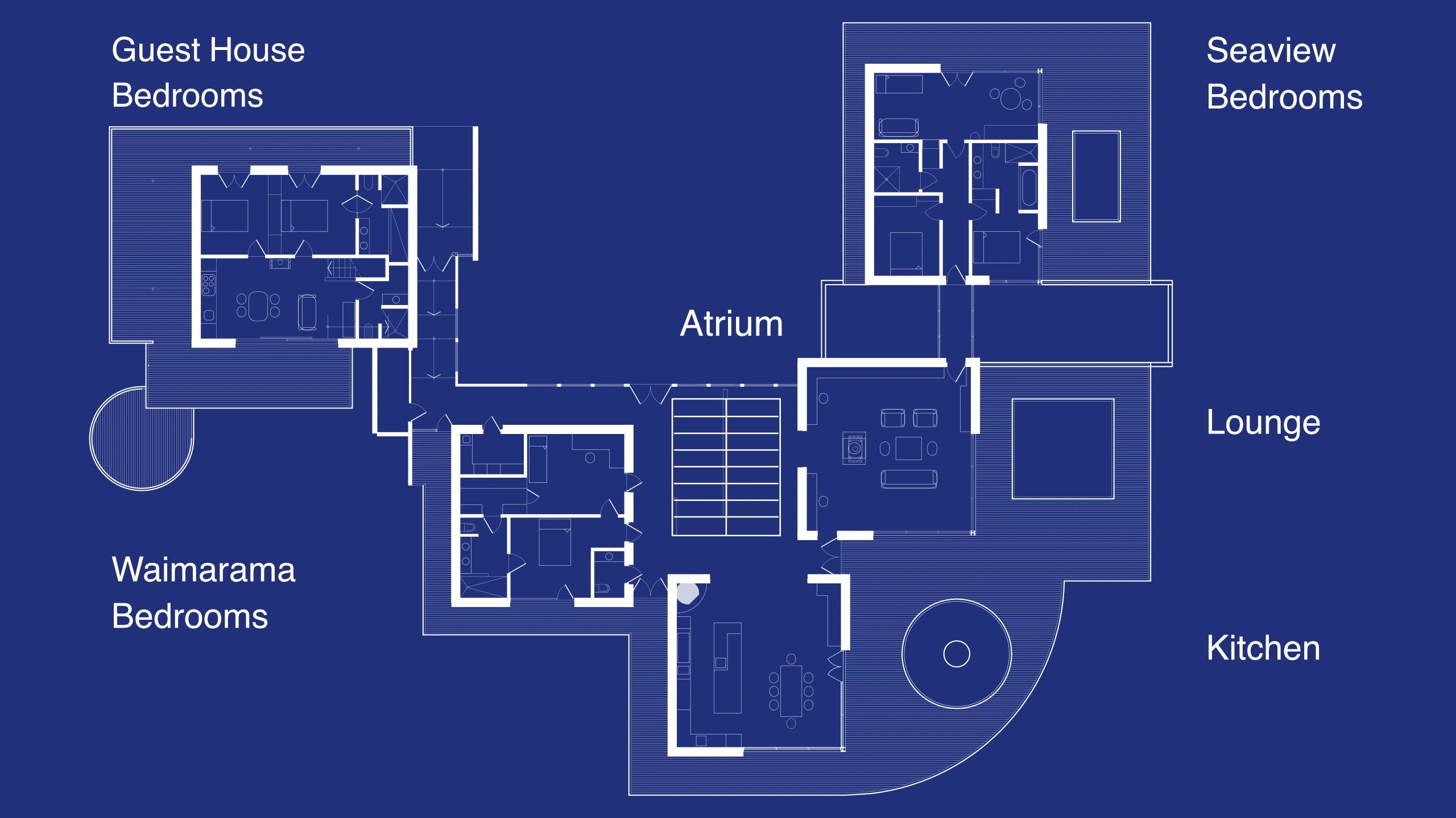 Detailed house plans showing 5 bedroom house layout configuration within the main building wings (excluding guest house).