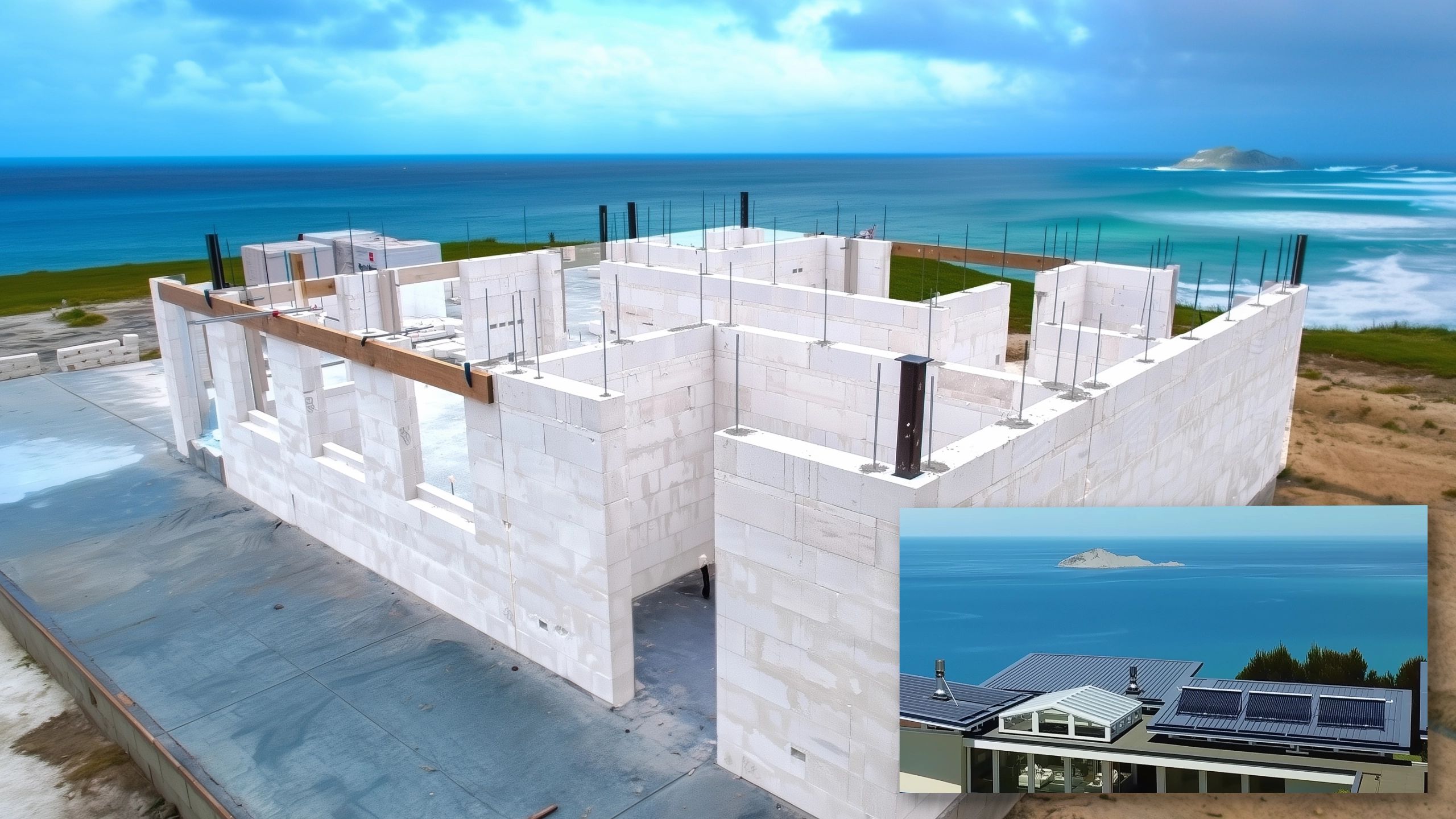 Hebel block construction of elevated beach home, climate resilient against sea level rise and tsunami risk.