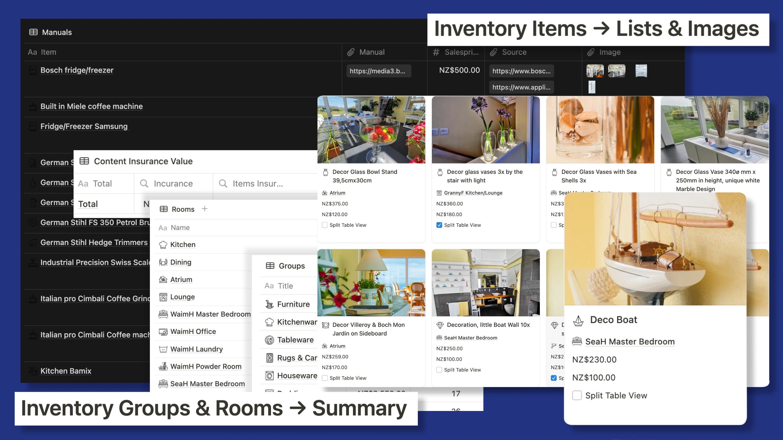 Detailed house inventory list screenshots showcasing furniture and decor items included with luxury mansions for sale.