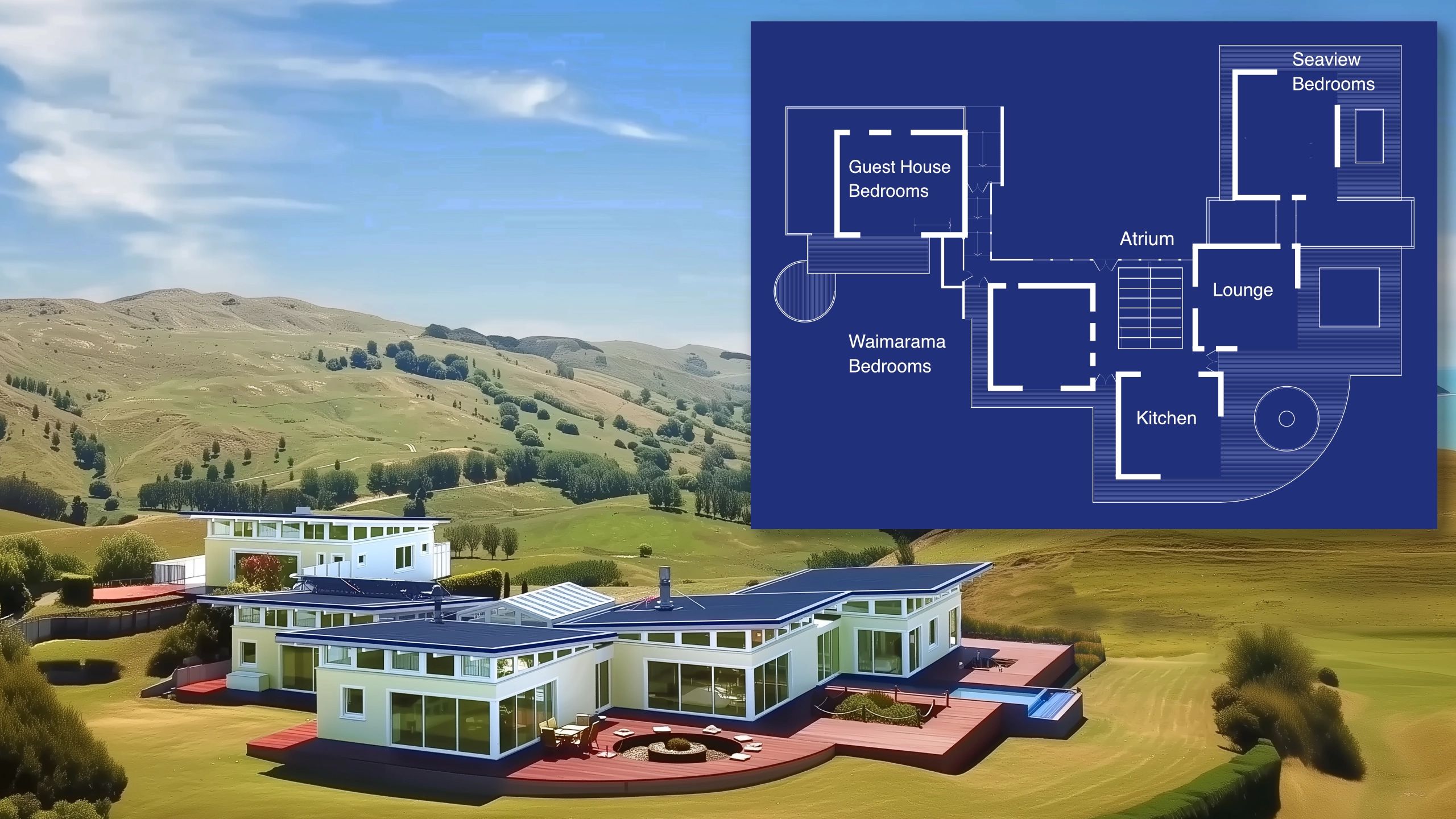 Aerial view of 6 bedroom house layout with floor plan overlay showing Waimarama, Seaview, and Guest House wings.