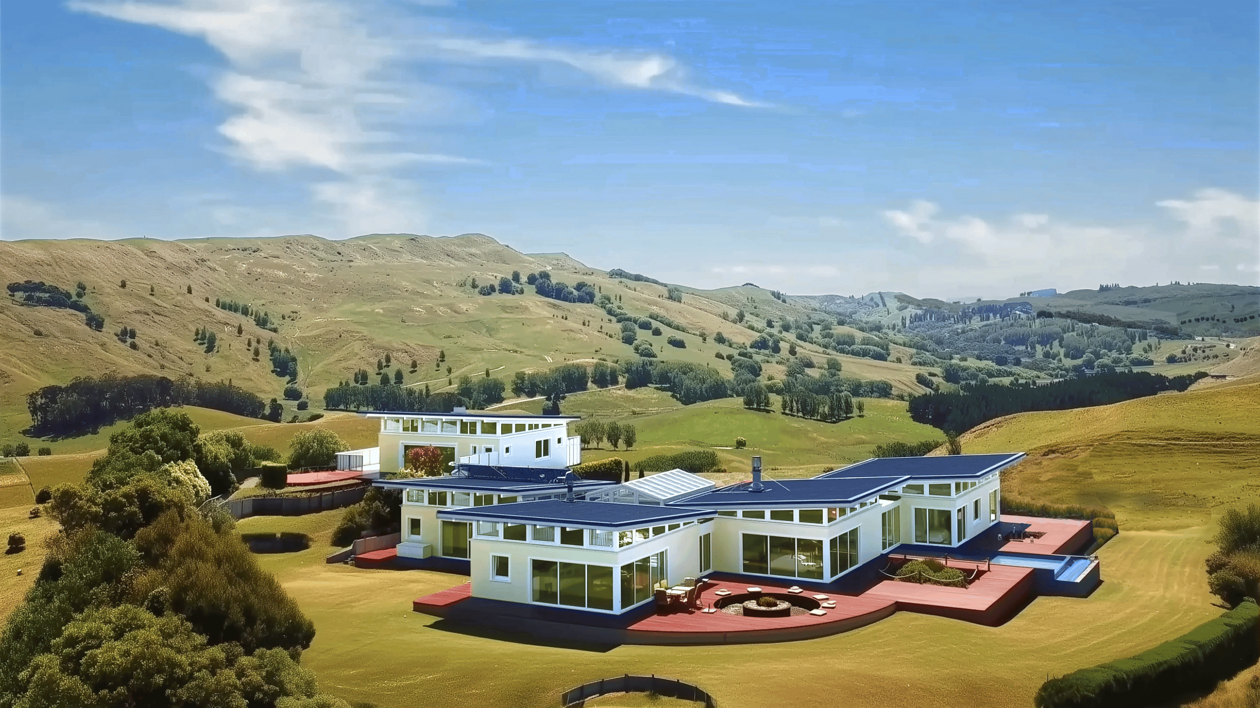 Modern mansion complex in New Zealand showcasing phenomenological architecture nestled among rolling green hills under blue sky.