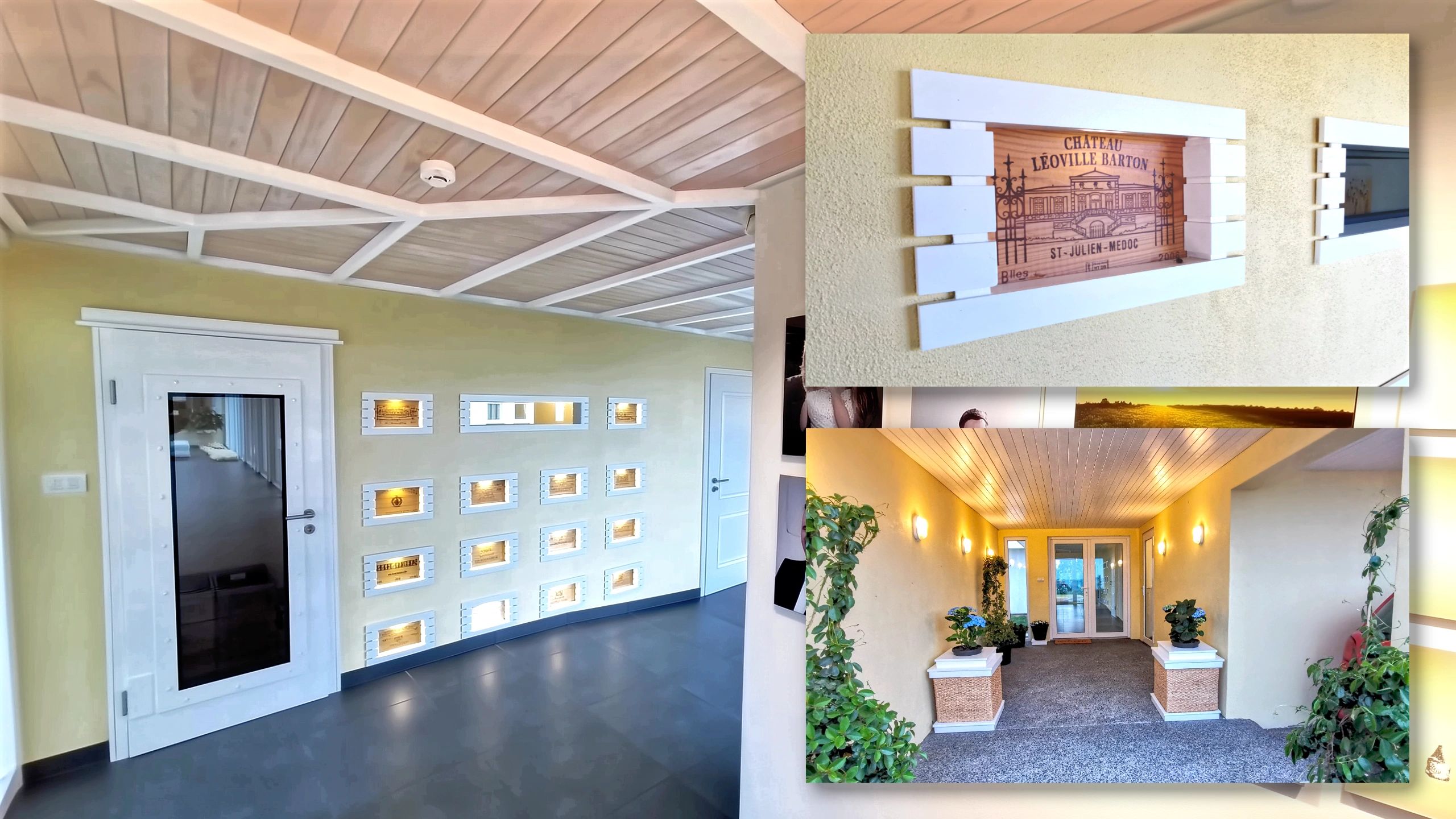 Luxury wine room entrance feature wall with illuminated wine boxes beside modern foyer walkway in luxury modern mansion.