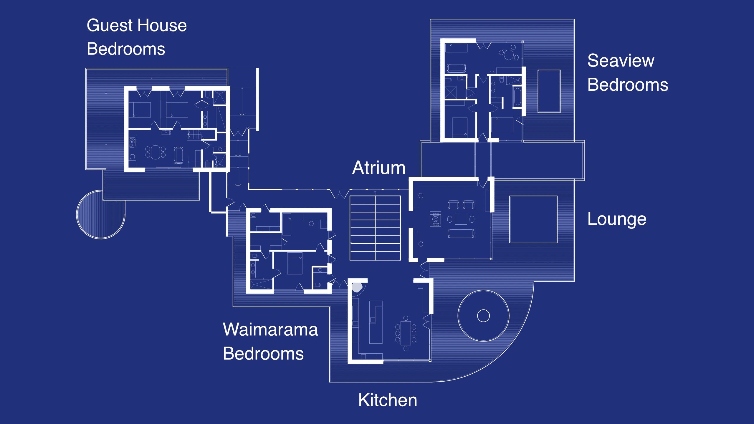Modern house plans showing the modular floor plan design of Bay House in New Zealand, a beachside house with multiple wings.