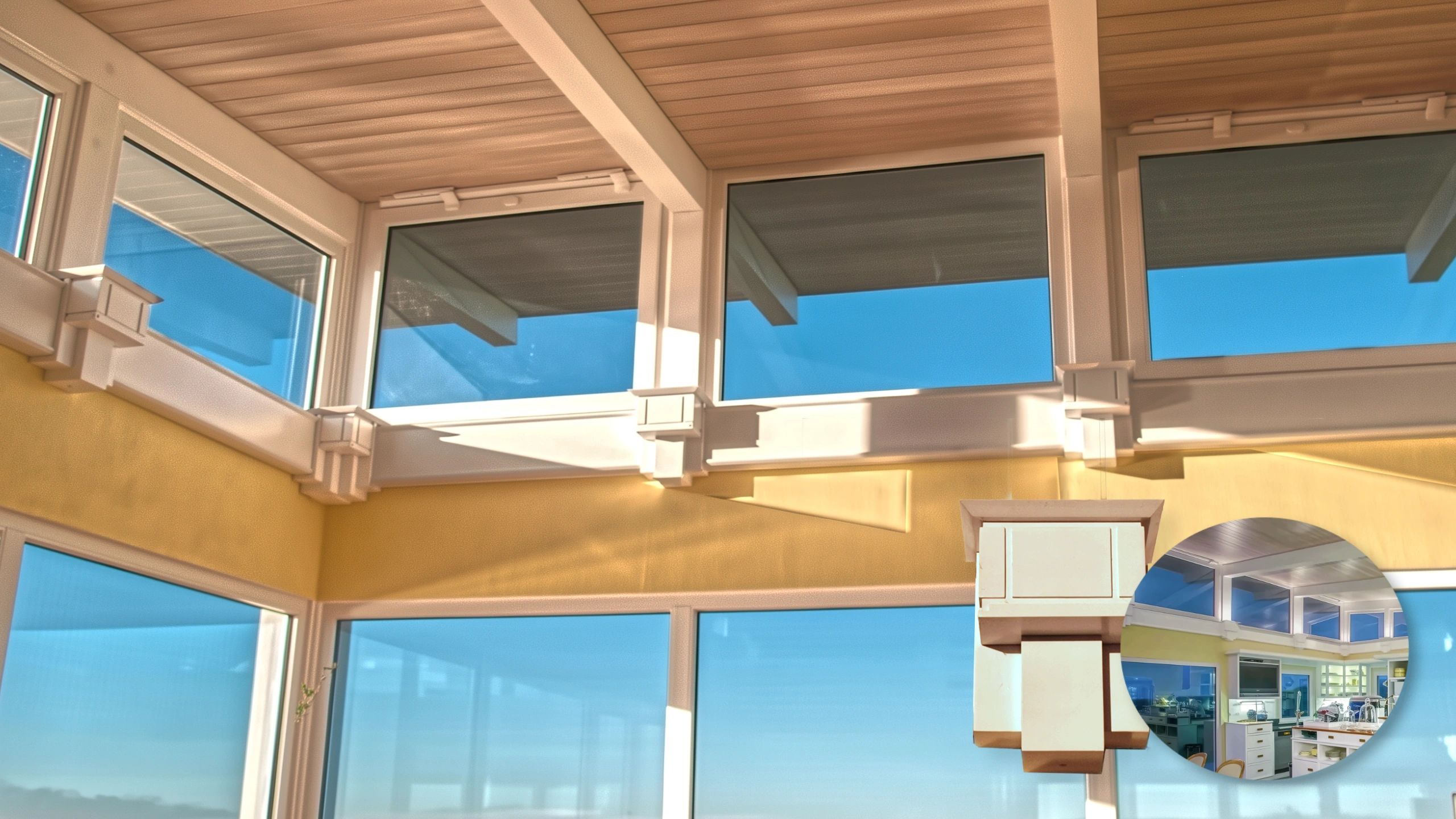 Interior service duct detail housing uplight beside window frame in modern waterview house for sale.