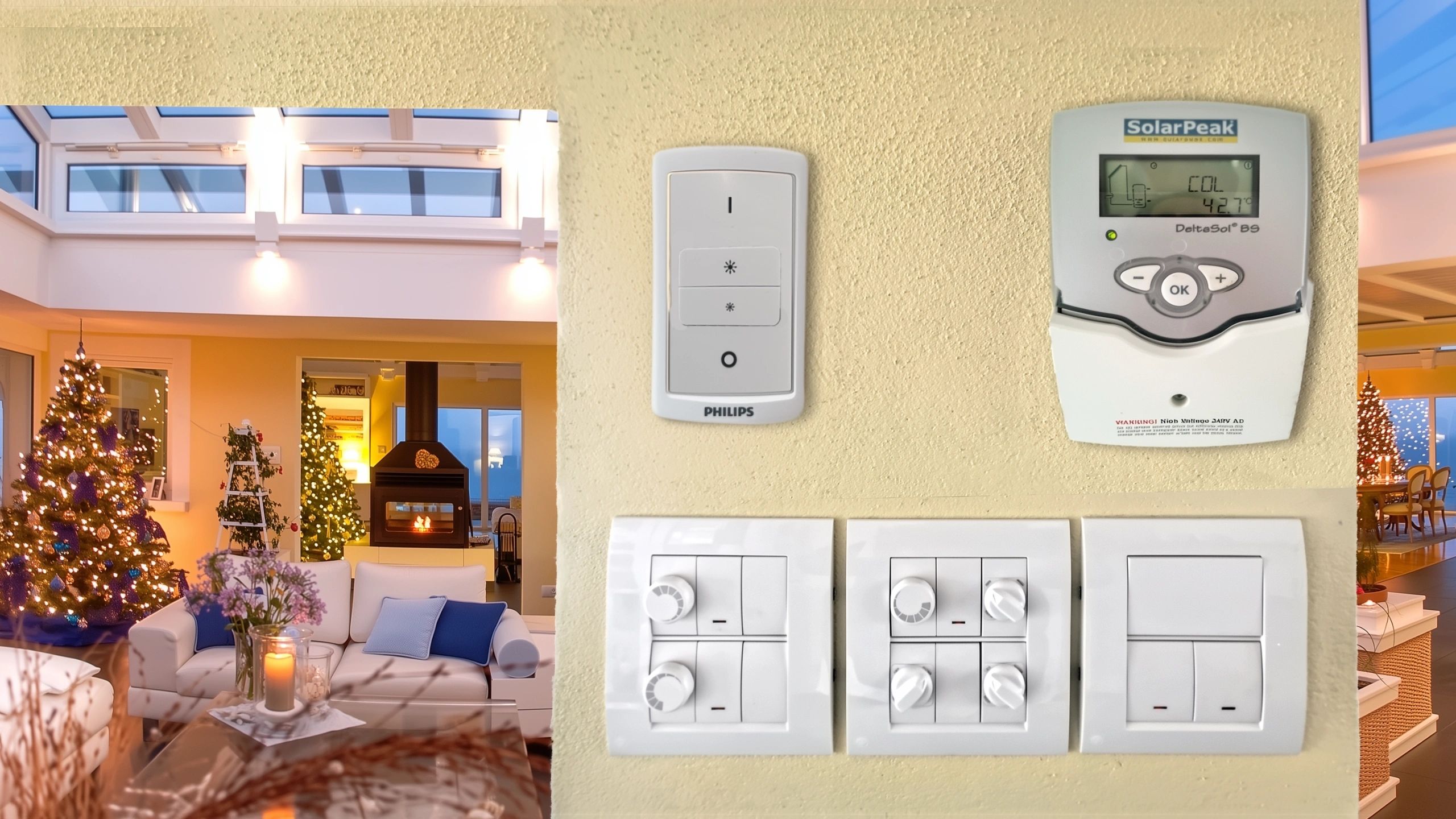 Smart home technology collage including switches, thermostat, remote, and living room context in modern luxury house.