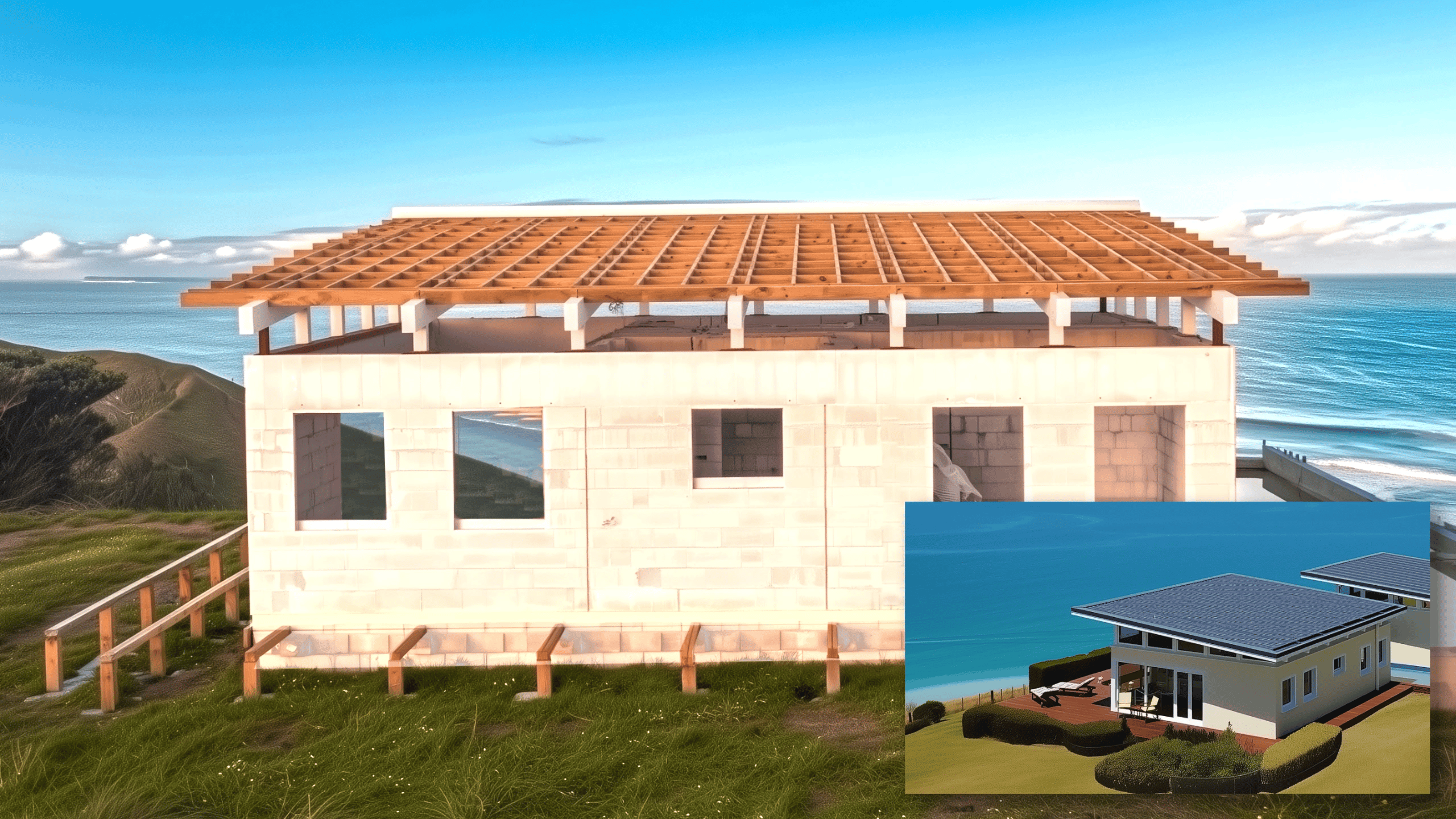 Laminated timber roof framing construction for house by the beach designed for high wind performance.