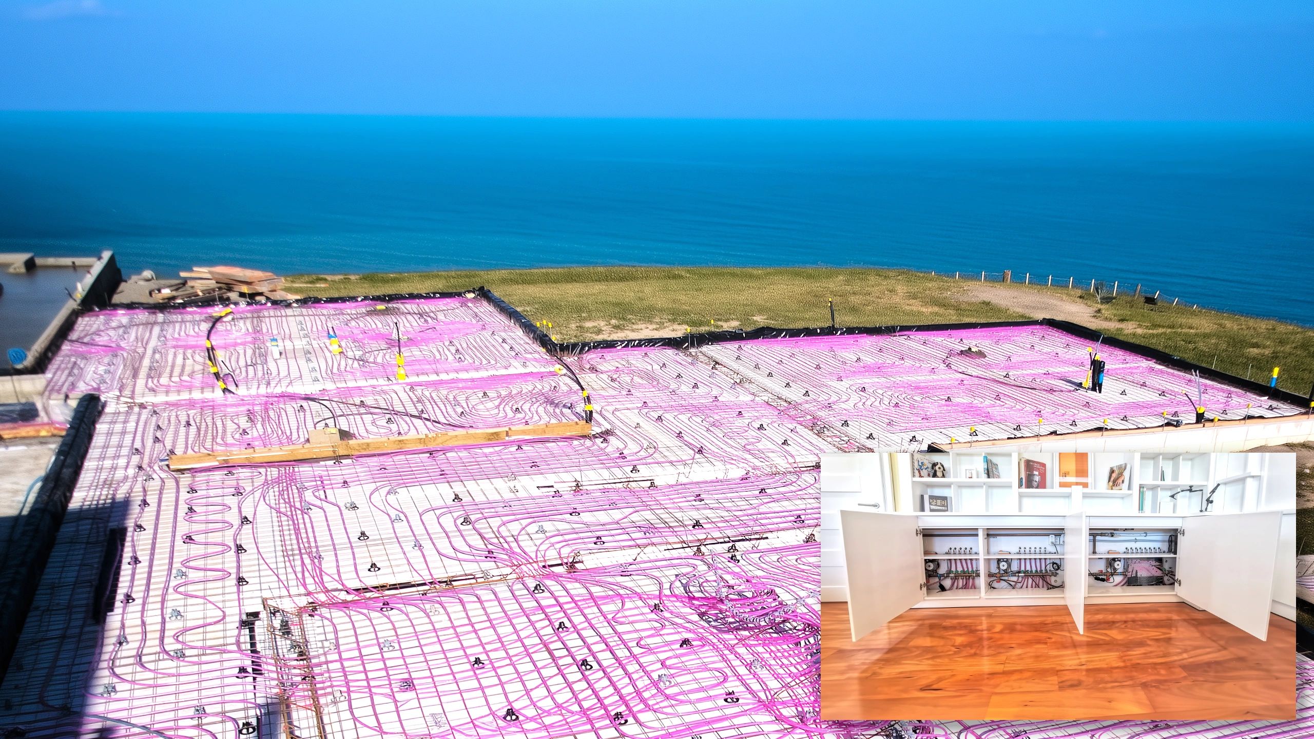 Hydronic underfloor heating pipes installation for radiant floor heating system in beach property before concrete pour.