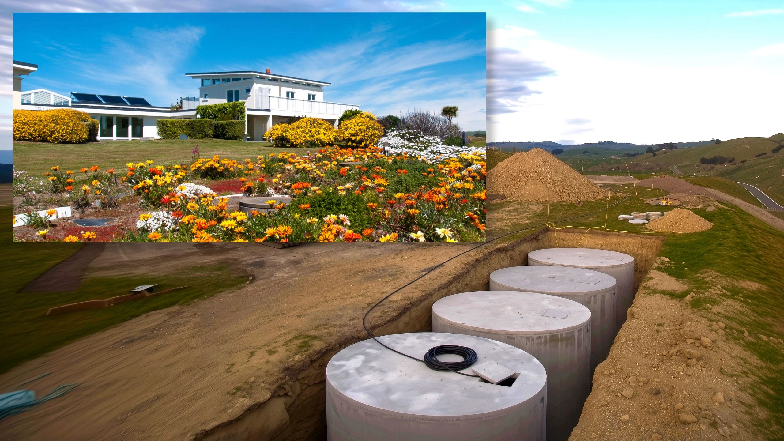 Underground concrete water tanks installation for rainwater harvesting system providing water independence for beachfront house.