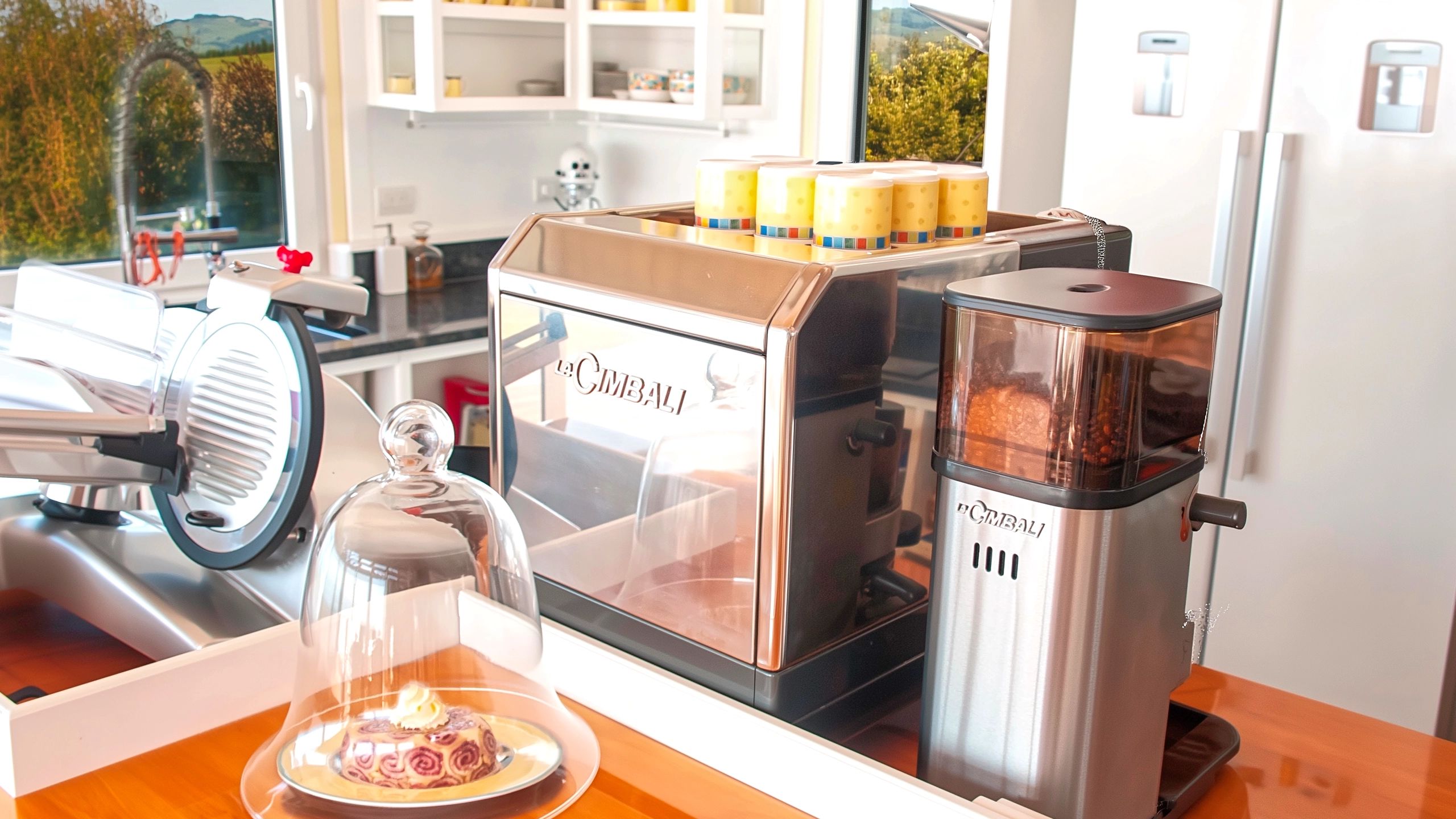 Professional La Cimbali coffee machine and grinder setup beside Berkel slicer in dream kitchen decor.