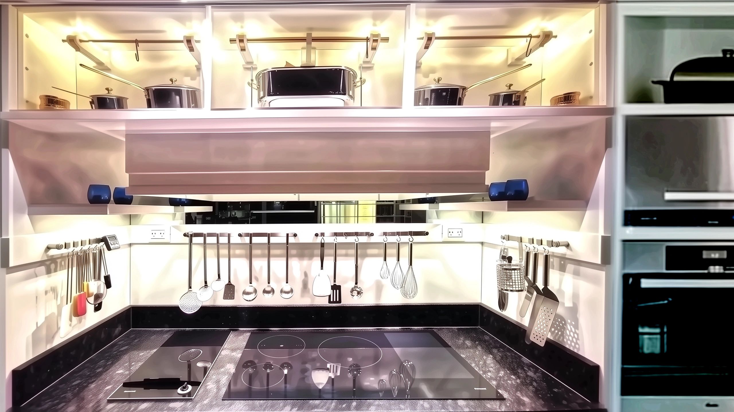 Integrated Miele induction cooktop and wall ovens within modern luxury house kitchen cabinetry.