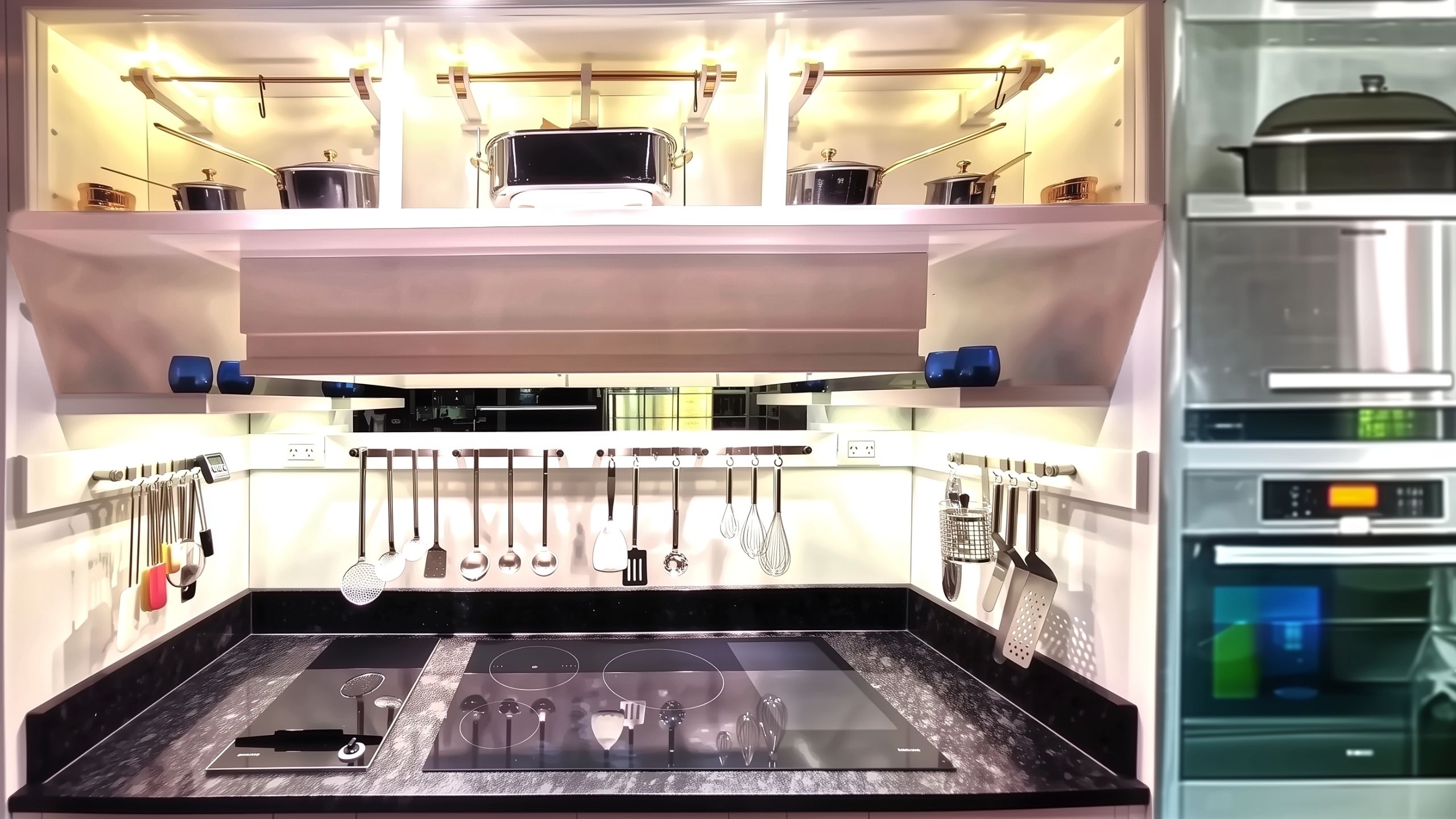 Integrated Miele induction cooktop and wall ovens within modern luxury house kitchen cabinetry.