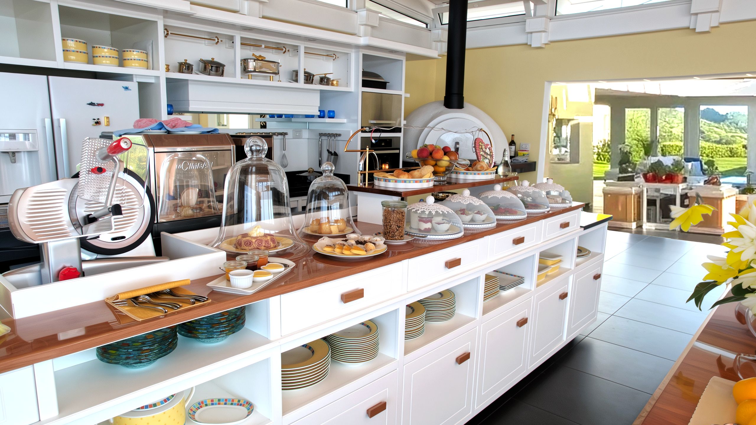 Luxury kitchen island setup for buffet display with pastries, Villeroy & Boch plates, and appliances nearby.