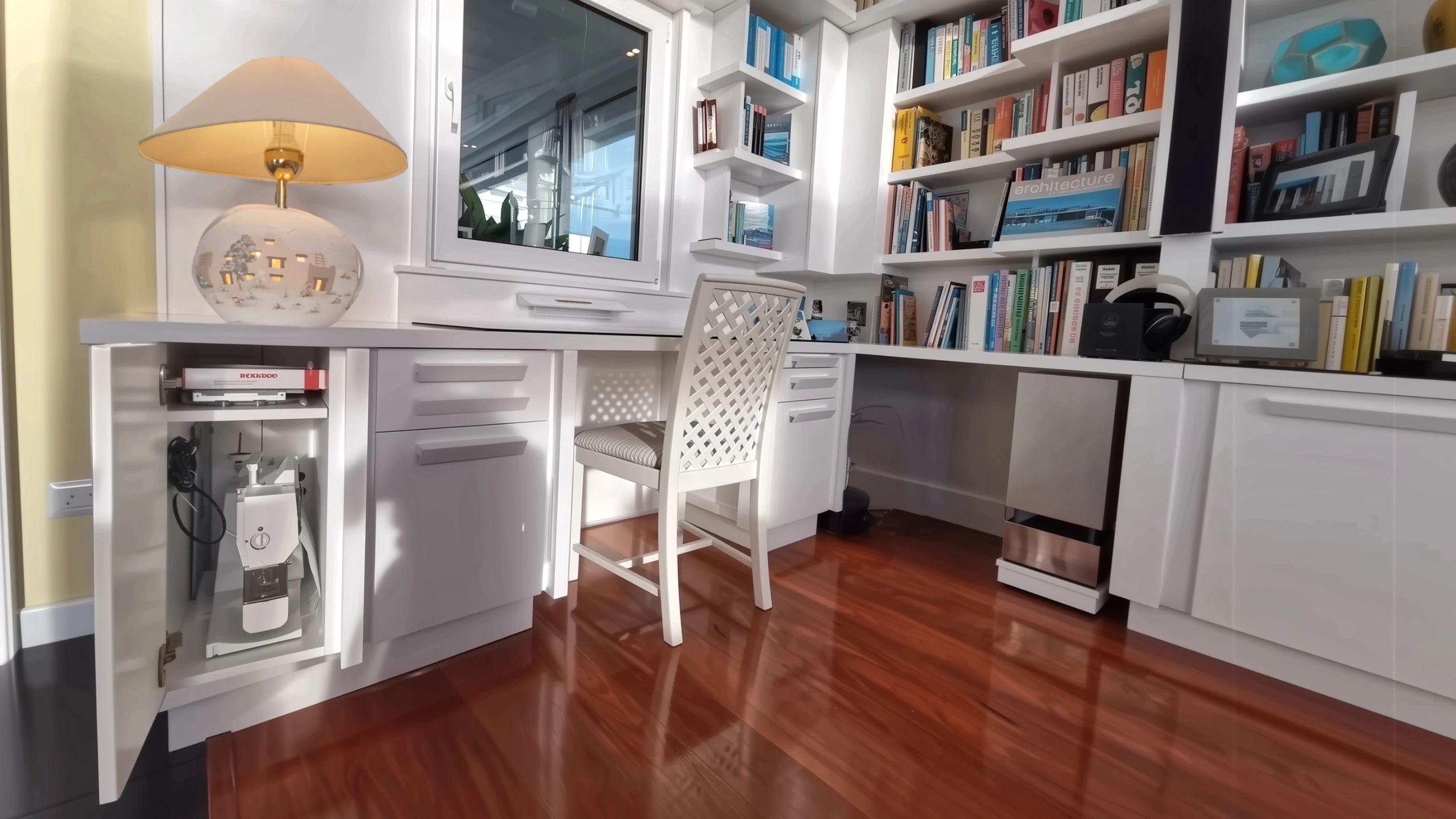 Built-in desk designed for work from home or hobbies like sewing in modern luxury house lounge area.