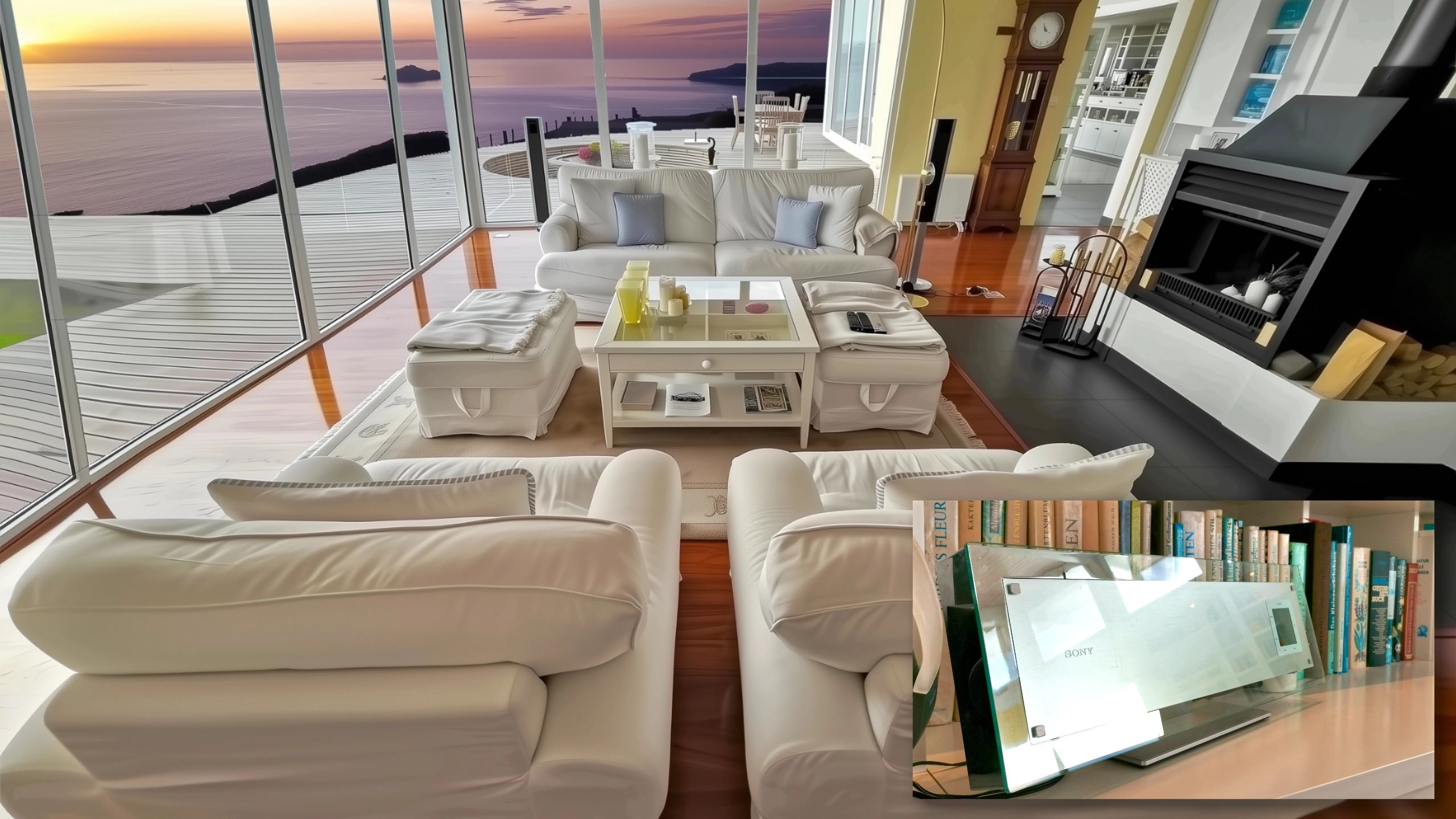 Home theater setup in luxury waterfront property lounge with sunrise view, fireplace, and Sony surround sound system detail.