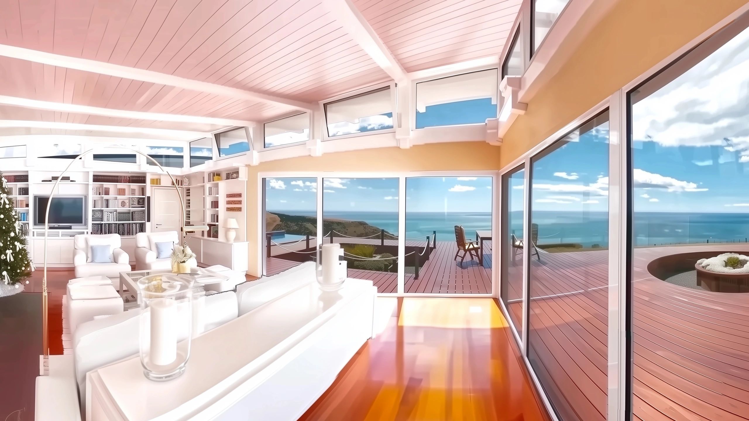 Modern living room with luxury furnishings, panorama windows, and ocean views in beachfront living setting.