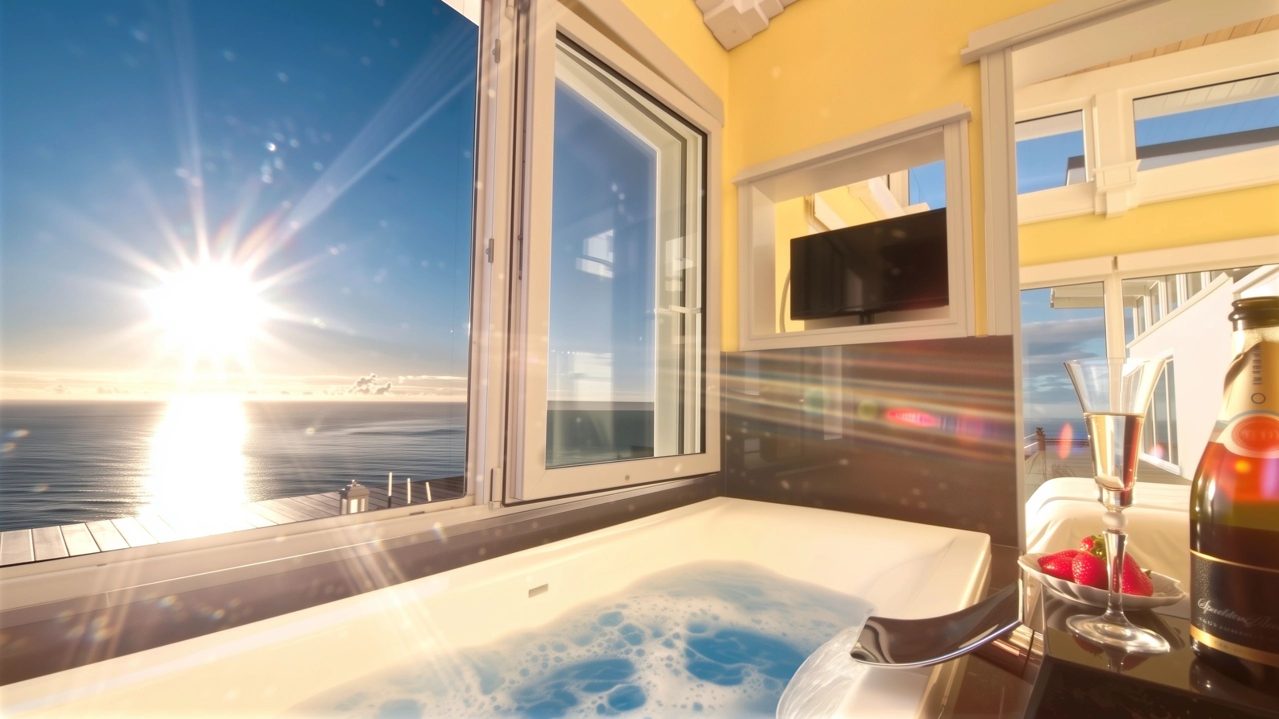 Luxury bath filled with bubbles overlooking stunning sunrise ocean view in coastal bathroom setting.