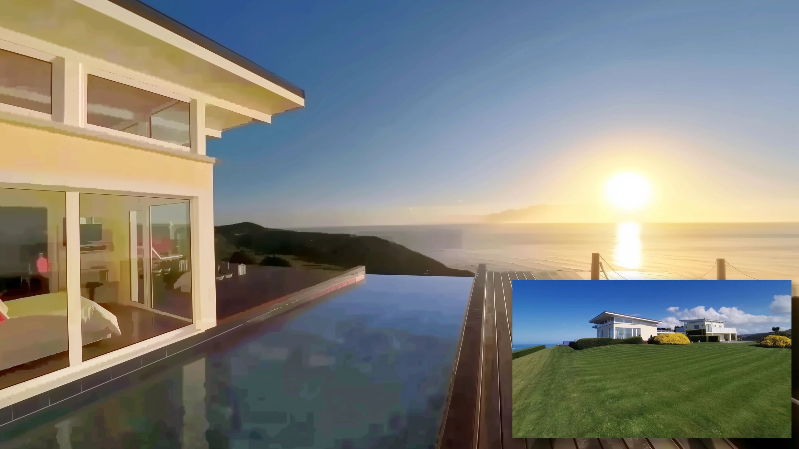 Infinity water feature reflecting sunrise at this waterfront mansion, separating accommodation wings with glass walkway above.