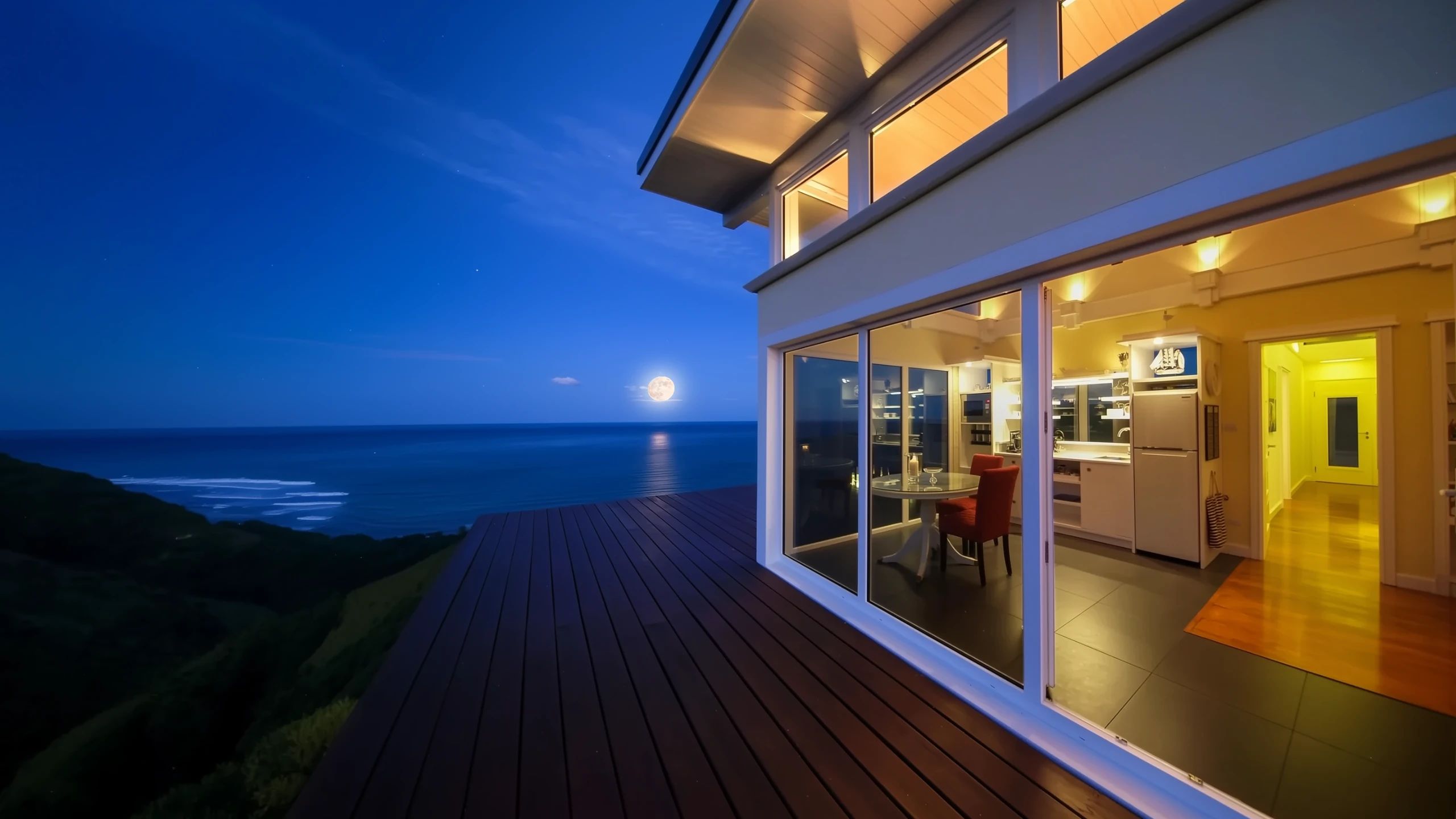 Luxury house for sale by the water showcasing exterior lighting design on the Seaview Bedroom House deck at night.