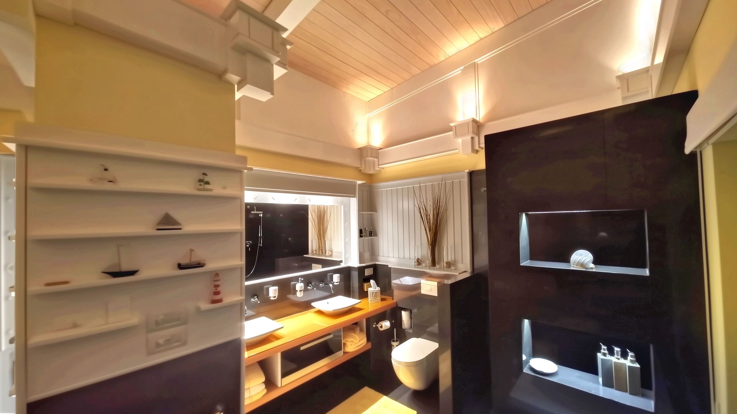 Luxury master bathroom with walk in shower, double vanity, modern lighting fixtures, and illuminated niches.