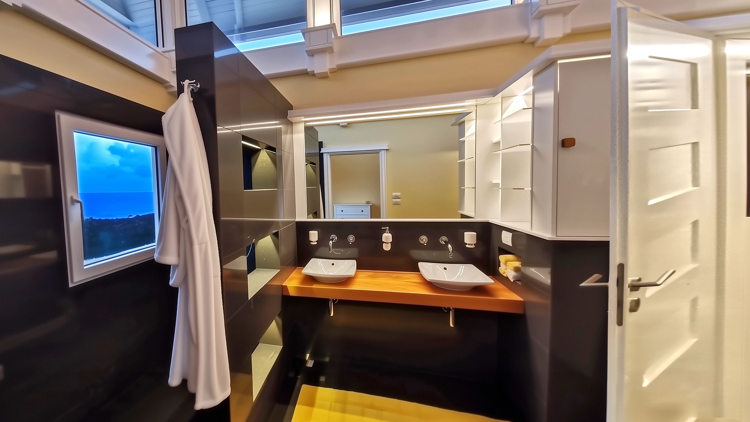 Custom white 5 panel internal door beside double vanity in contemporary house ensuite bathroom.